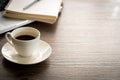 Black coffee on the office desk table with computer, silver pen. Royalty Free Stock Photo