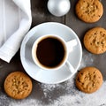 Black coffee with some brown cookies on a table
