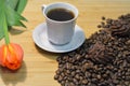 Black coffee, truffel sweets on coffee beans Royalty Free Stock Photo