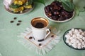 Black coffee and Turkish sweets. Sweet food in Ramadan.