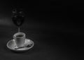 black coffee in white ceramic cup and red wine in wineglass, drink set, black and white