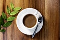 Black coffee in a white ceramic mug isolated on  wood table with leaves Royalty Free Stock Photo