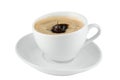 Black coffee in a white china cup, speaker, coffee splash on a white background Royalty Free Stock Photo