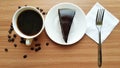 black coffee white cup chocolate cake wood table Royalty Free Stock Photo