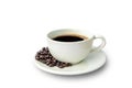 Black coffee in white cup and crow`s beans isolated on white background Royalty Free Stock Photo