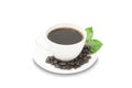 black coffee in white coffee cup isolated on white background decoration with roasted coffee beans and fresh green leaf Royalty Free Stock Photo