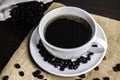 Black coffee in white cup on wood background.
