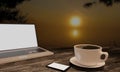 Black coffee in white cup on wooden surface table. Blur blank screen labtop , Black smartphone  white screen  on table. Copy space Royalty Free Stock Photo