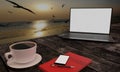 Black coffee in white cup on wooden surface table. Blur blank screen labtop , Black smartphone  white screen  on table. Copy space Royalty Free Stock Photo