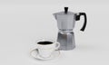 Black coffee in white pearl ceramic mug with gold rim. Mokapot coffee pot on white floor and background. 3d Rendering Royalty Free Stock Photo