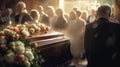 Black coffin at funeral, farewell to the deceased People, Light Royalty Free Stock Photo