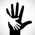 Black color big hand and white small hand concept. Help symbol hands vector support emblem.