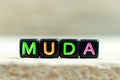 Black block with word muda on wood background Royalty Free Stock Photo