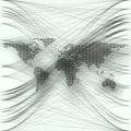 Black color dotted world map with abstract waves and lines on white background. Motion design. Gray chaotic, random