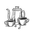 Black color hand drawn coffee pot and two mugs vector art illustration. Royalty Free Stock Photo