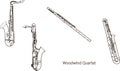 Black color line, shape or outline forms of musical instruments as saxophones, sax, bassoon and flute illustration