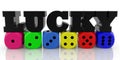 Black color LUCKY concept over dice of different colors on a white