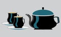 Black color, pottery shape tea set, vector graphic design
