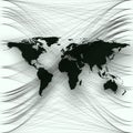 Black color world map with abstract waves and lines on white background. Royalty Free Stock Photo
