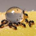 Black ants eating honey drop. Concept of teamwork or hardworking or unity