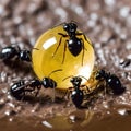 Black ants eating honey drop. Concept of teamwork or hardworking or unity