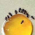 Black ants eating honey drop. Concept of teamwork or hardworking or unity