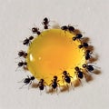 Black ants eating honey drop. Concept of teamwork or hardworking or unity