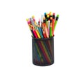 Black colored pencil holder containing many different colored wood pencil crayons Royalty Free Stock Photo