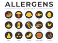 Black Colorful Allergens Icon Set. Allergens, Mushroom, Shellfish, Fish, Egg, Garlic, Milk, Soy Meat, Celery, Fruit, Seed, Legume