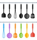 Black and colorful plastic kitchen utensils isolated on white ba