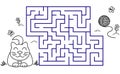 Black coloring pages with maze. Cartoon cat and clew. Kids education art game. Template design with pet. Outline vector