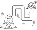 Black coloring pages with maze. Cartoon cat and clew. Kids education art game. Template design with pet. Outline vector