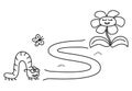 Black coloring pages with maze. Cartoon caterpillar and flower. Kids education game on white background. Outline vector Royalty Free Stock Photo