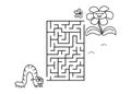 Black coloring pages with maze. Cartoon caterpillar and flower. Kids education game on white background. Outline vector
