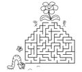 Black coloring pages with maze. Cartoon caterpillar and flower. Kids education game on white background. Outline vector Royalty Free Stock Photo