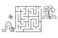 Black coloring pages with maze. Cartoon caterpillar and flower. Kids education game on white background. Outline vector Royalty Free Stock Photo