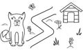 Black coloring pages with maze. Cartoon dog and booth. Kids education art game. Template design with pet. Outline vector