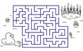 Black coloring pages with maze. Cartoon duck, pond and reeds. Kids education art game with bird. Outline vector