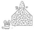 Black coloring pages with maze. Cartoon mouse and cheese. Kids education art game on white background. Outline vector Royalty Free Stock Photo