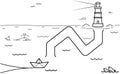Black coloring pages with maze. Cartoon ship and lighthouse. Kids education art game. Template design with marine theme