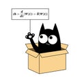 Black comic cat sitting in the box and holding placard with Schrodingers equation. Schrodingers thought experiment where the cat