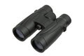Black compact binoculars, angled view showing the large objective lenses on a white back Royalty Free Stock Photo