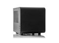 A black, compact mini-ITX computer case isolated on a white background with a subtle reflection. Royalty Free Stock Photo