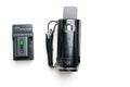 Black compact video camera sony with removable battery on a white background Royalty Free Stock Photo