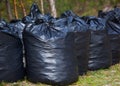 Black, complete and tied garbage bags standing together on the street, outdoors. Royalty Free Stock Photo