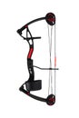 Black compound bow with red accents, upright position, isolated on white back Royalty Free Stock Photo