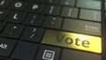 Black computer keyboard and gold vote key. Conceptual 3D rendering
