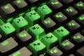 Black computer keyboard with green keys, latin and cyrillics Royalty Free Stock Photo