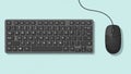 A black computer keyboard and wired mouse are arranged on a light blue surface Royalty Free Stock Photo