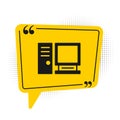 Black Computer monitor icon isolated on white background. PC component sign. Yellow speech bubble symbol. Vector Royalty Free Stock Photo